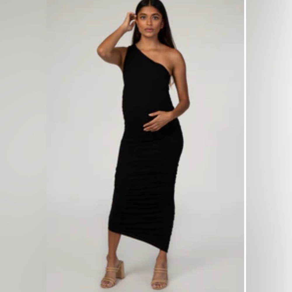 PinkBlush Black Ruched One Shoulder Maternity Dress